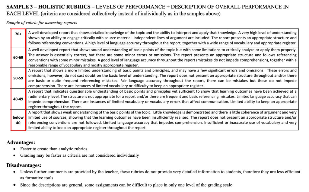 Table with holistic rubrics described