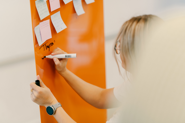 Illustration showing a person and a board with sticky notes